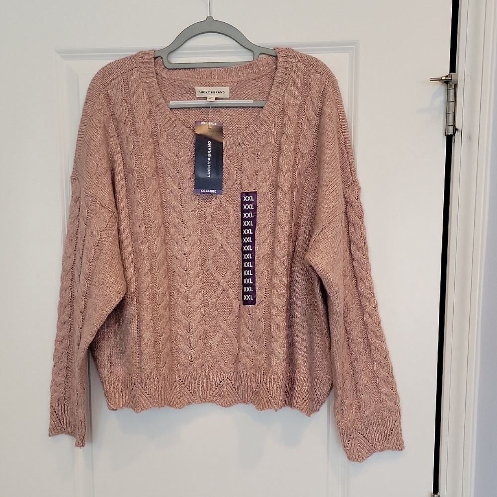 Lucky Brand Longsleeve Cableknit Sweater In Pink/Gold Threads XXL NWT - Picture 4 of 9